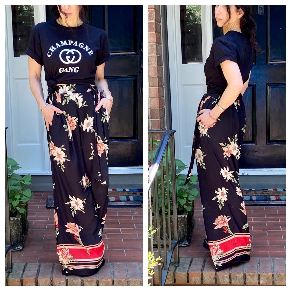GORGEOUS BLACK FLORAL PRINT WIDE LEG PANTS - Picture 8 of 15